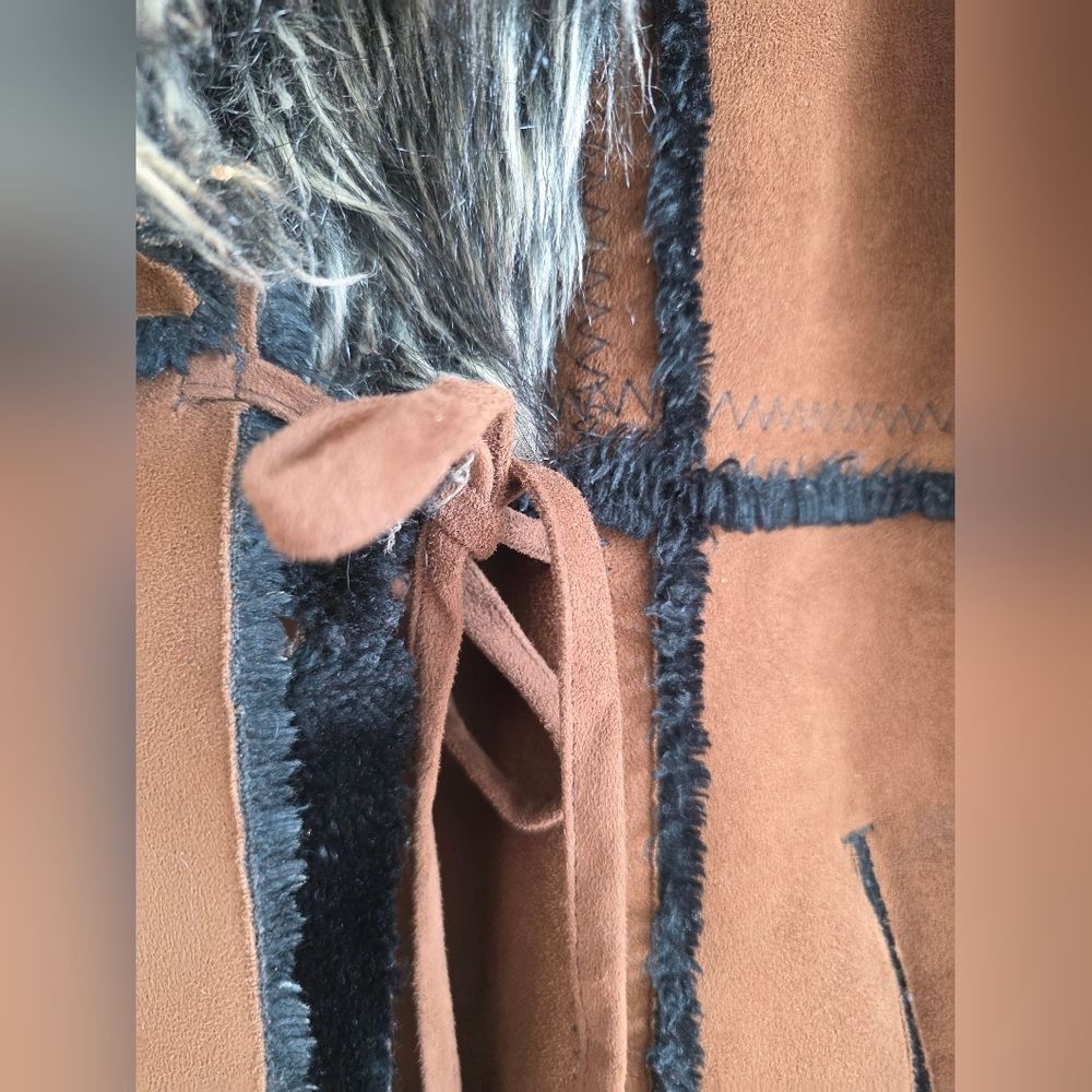 Vtg Brown Faux Suede Fur Hooded Full Length Long Afghan Penny Lane Coat Sz M - Picture 5 of 16